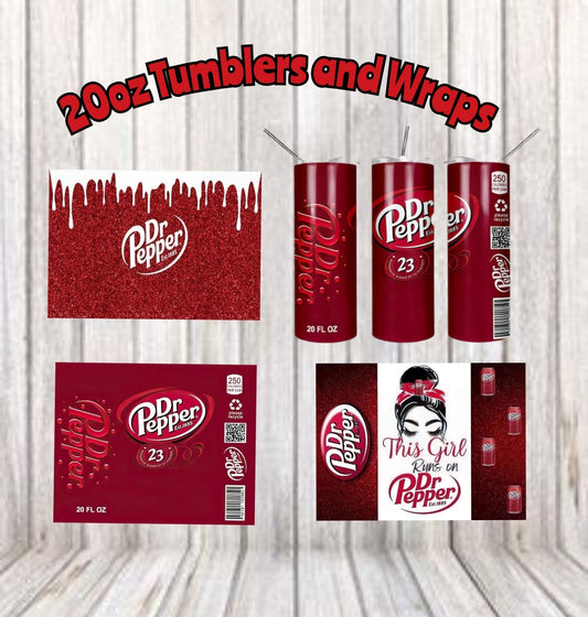 A collection of Dr. Pepper 20oz tumbler wraps displayed on a wooden surface, with the brand's logos and packaging as the main visual elements.
