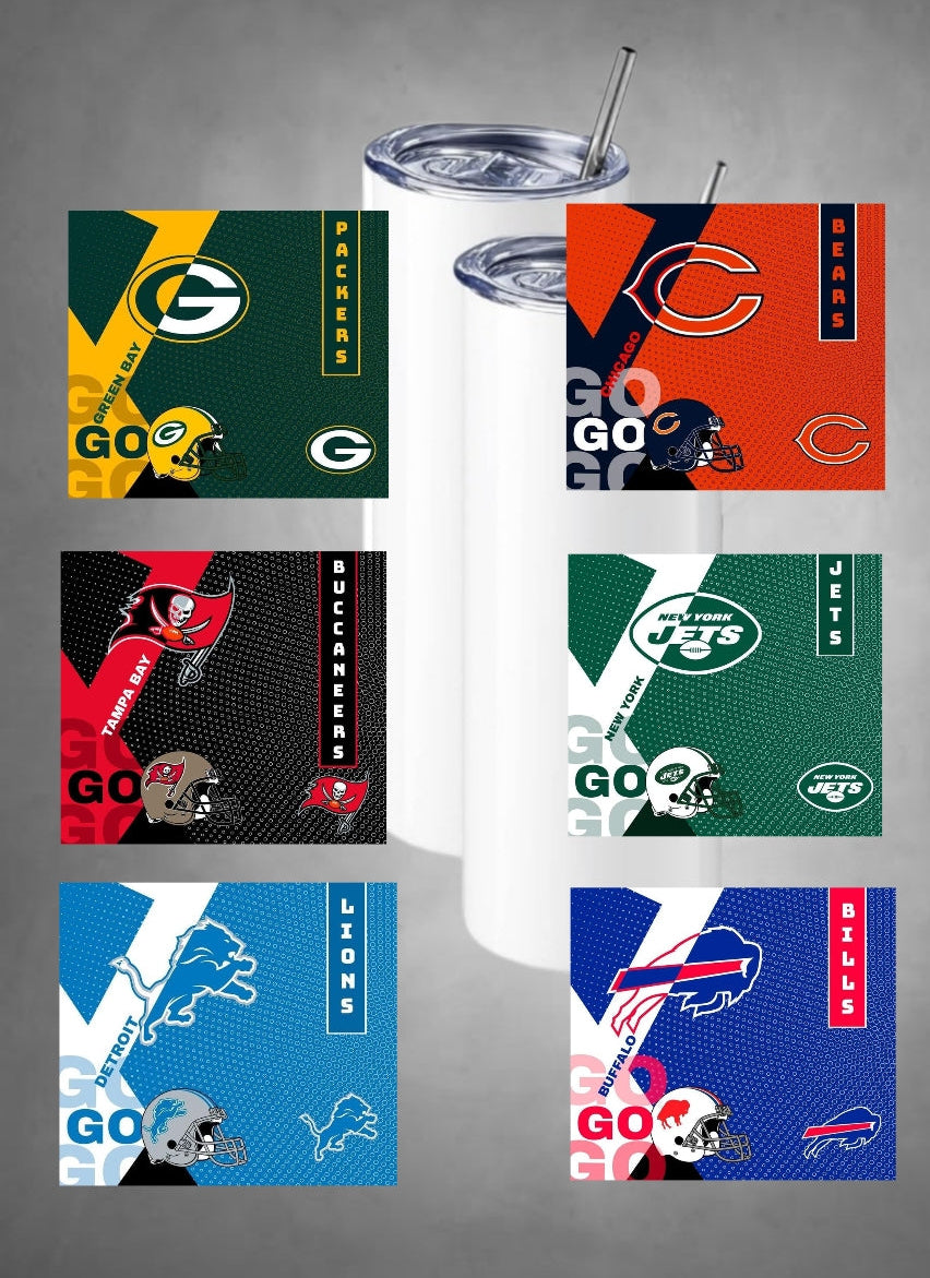 A set of NFL team logos sublimation transfers for 20oz skinny tumblers, displayed in a fanned arrangement with the Chicago Bears logo at the top and the New York Giants logo at the bottom.