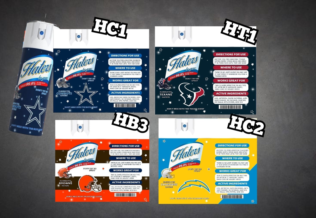 NFL Teams Hater be gone spray 20oz Skinny Stainless-steel Tumblers that comes with a lid, metal straw and clean brush. Hot or cold for hours. Makes great gifts.