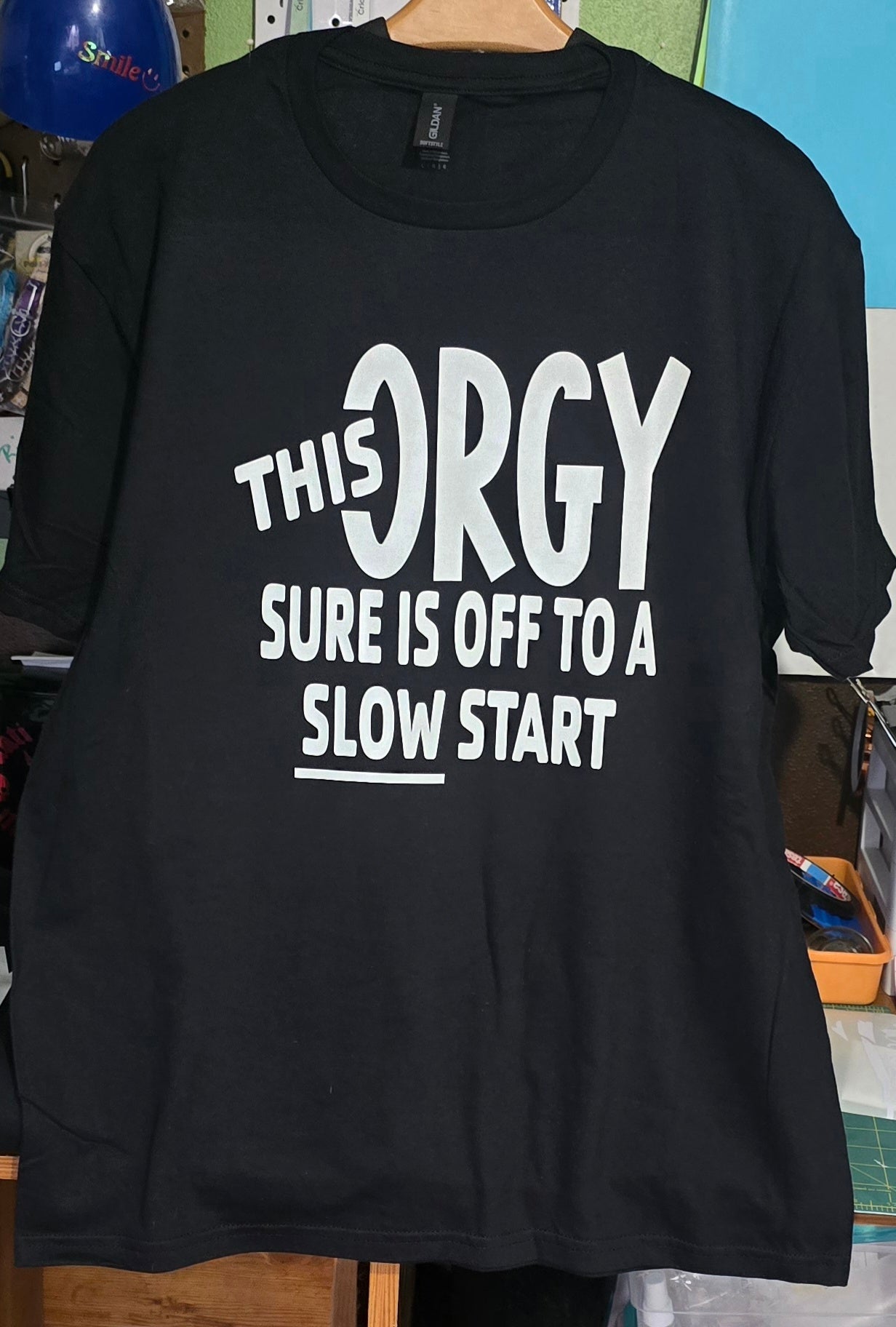 This Orgy Sure Is Off To A Slow Start Shirt, Sarcastic Adult Humor Tee, White Elephant Gag Gift