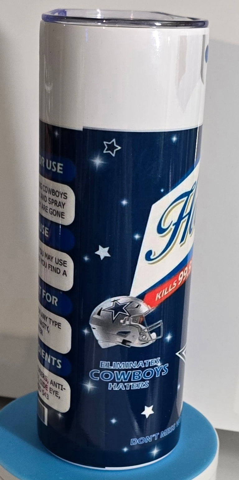 NFL Teams Hater be gone spray 20oz Skinny Stainless-steel Tumblers that comes with a lid, metal straw and clean brush. Hot or cold for hours. Makes great gifts.