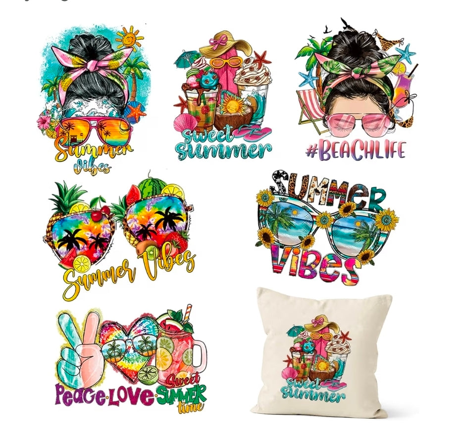 6 Summer vibe DTF transfers, t-shirt transfers, tote bag transfers, Pillow DTF prints