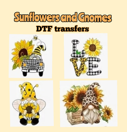 4 Sunflower &Gnome DTF transfers, t-shirt transfers, tote bag transfers, Pillow DTF prints