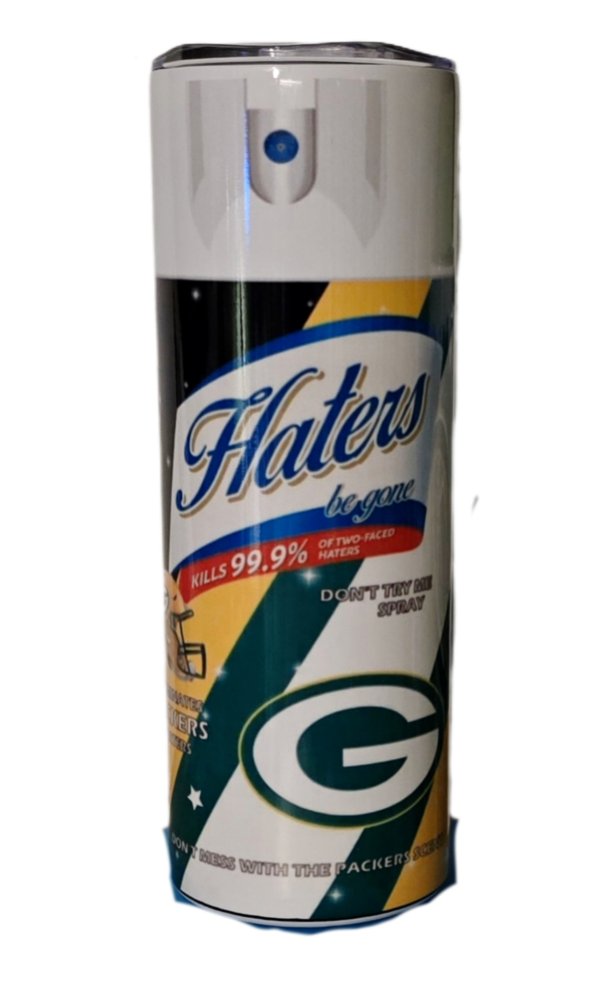 NFL Teams Hater be gone spray 20oz Skinny Stainless-steel Tumblers that comes with a lid, metal straw and clean brush. Hot or cold for hours. Makes great gifts.