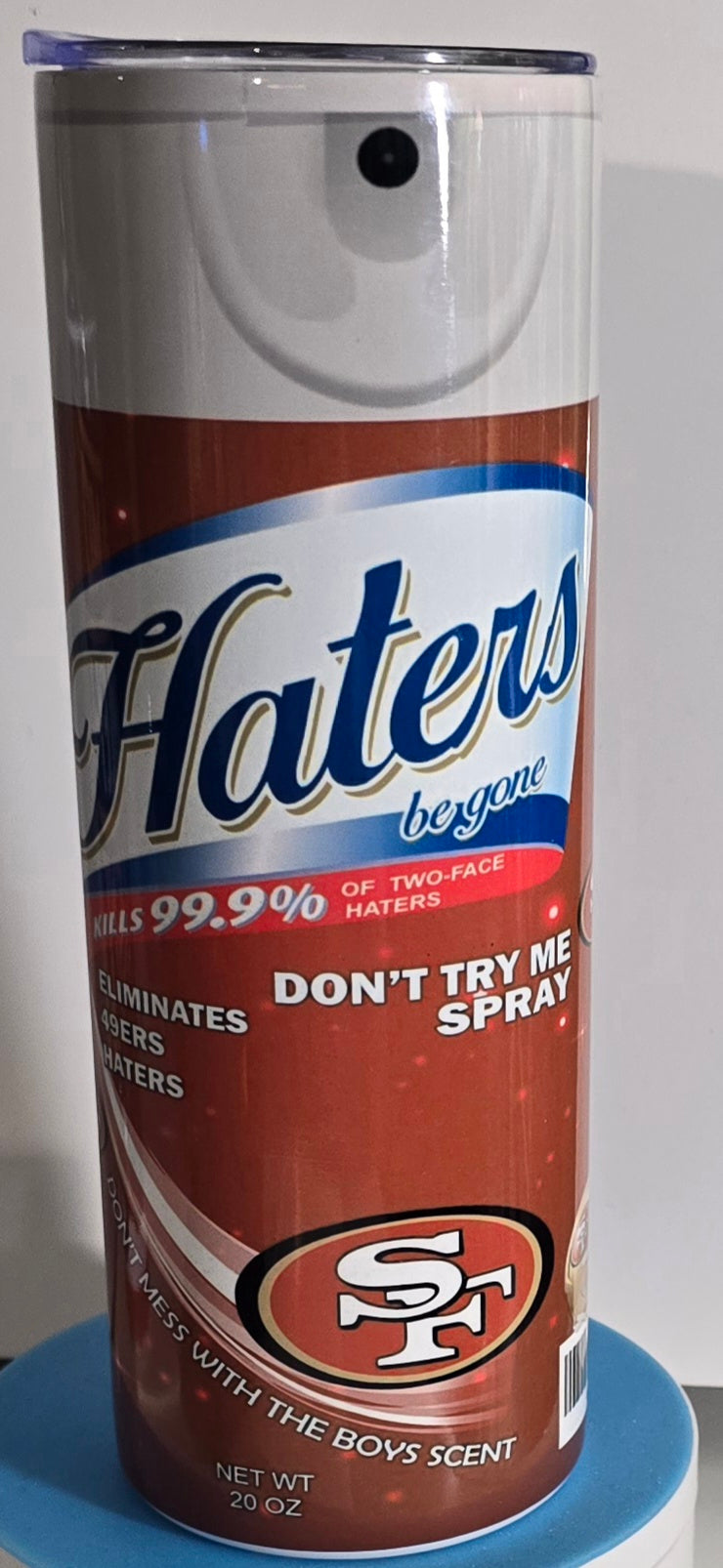 Can of 'Haters' spray with San Francisco 49ers logo on a white background