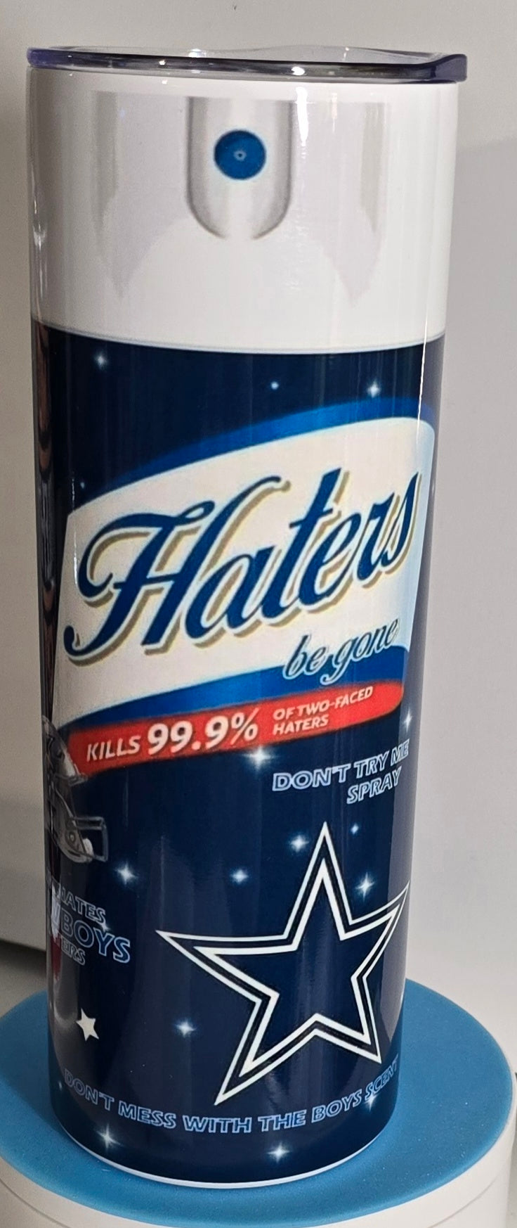 NFL Teams Hater be gone spray 20oz Skinny Stainless-steel Tumblers that comes with a lid, metal straw and clean brush. Hot or cold for hours. Makes great gifts.
